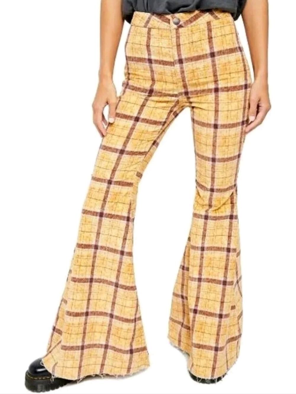 We The Free Womens Mustard Yellow Plaid Just Float On Hi Rise Flare Pant Size 32